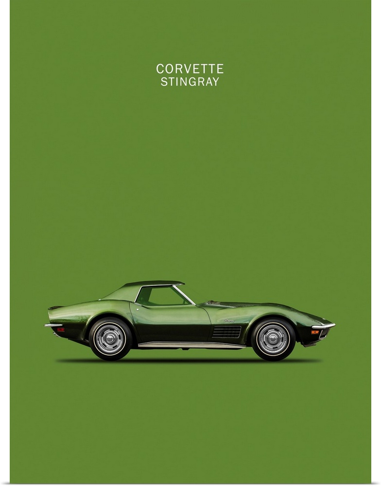 Photograph of a dark green Corvette Stingray 1970 printed on a green background