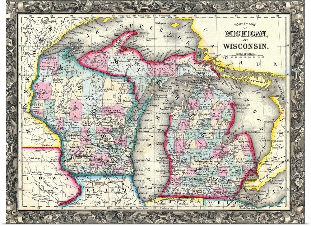 Map sectioning out the different counties in Michigan and Wisconsin.
