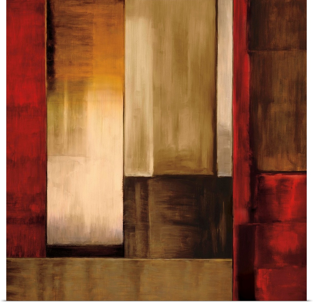 Square abstract art created with rectangular shapes puzzled together in shades of red, orange, white, and brown.