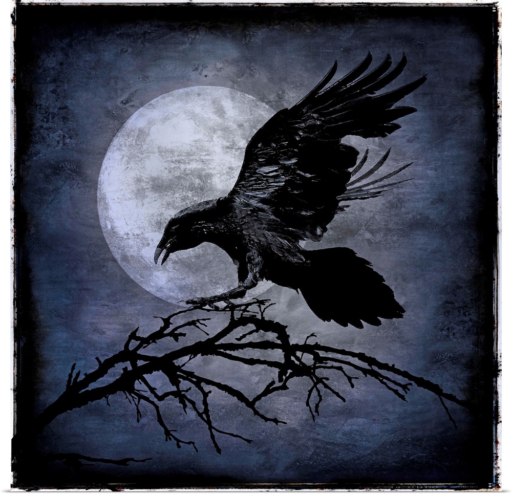 Square Halloween decor with a black crow landing on a tree branch with a full moon in the background.