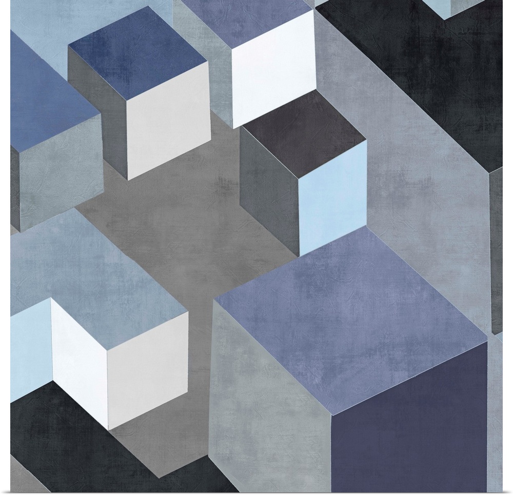Abstract square art created with black, white, silver, and blue squares creating 3D looking cubes and rectangles.