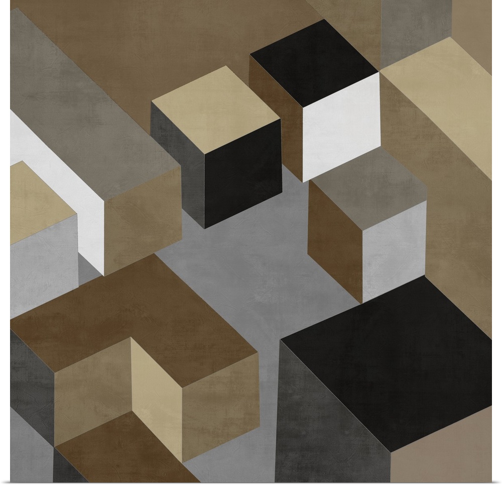 Abstract square art created with black, white, gold, silver, and brown squares creating 3D looking cubes and rectangles.