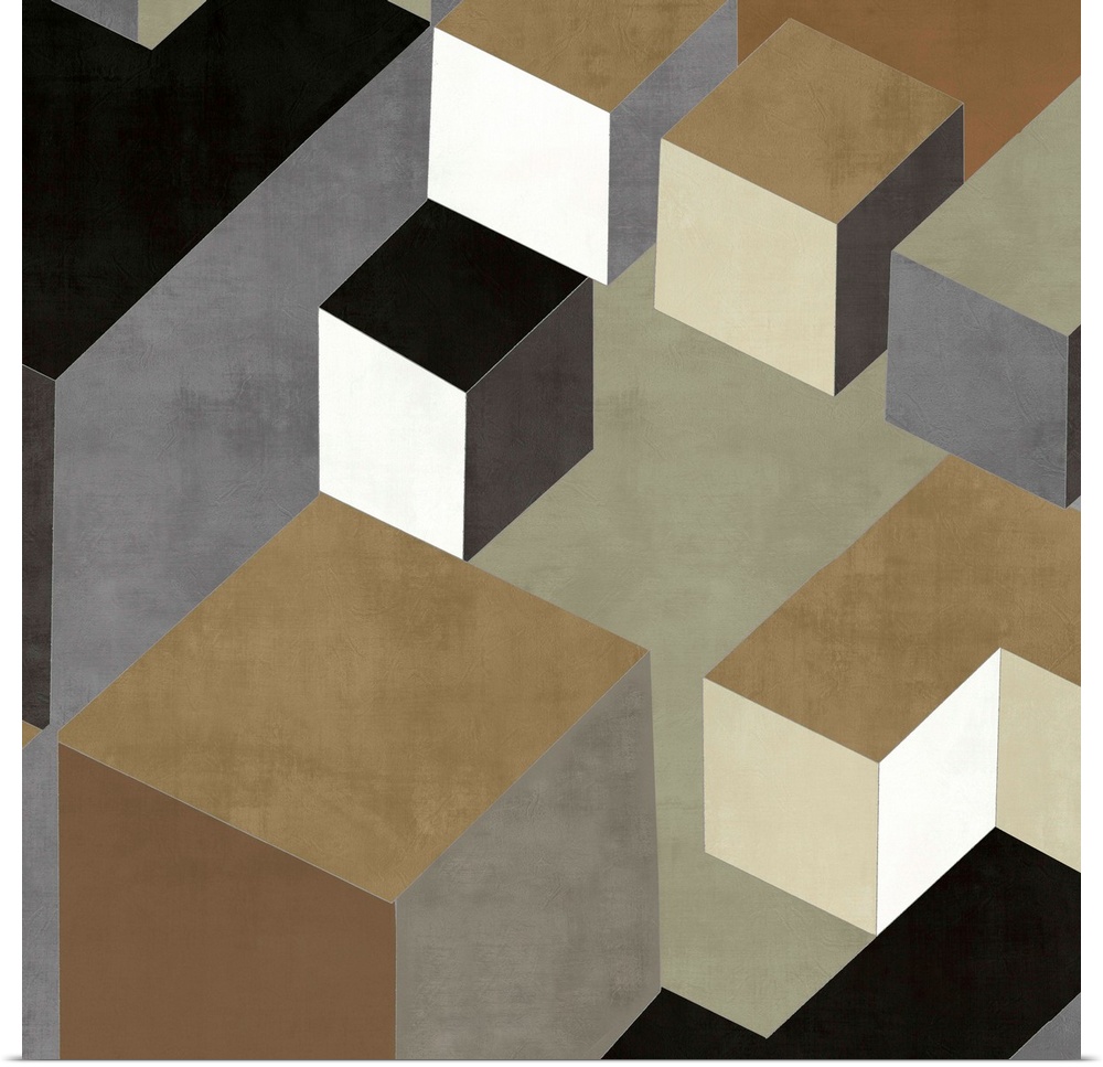 Abstract square art created with black, white, gold, silver, and brown squares creating 3D looking cubes and rectangles.