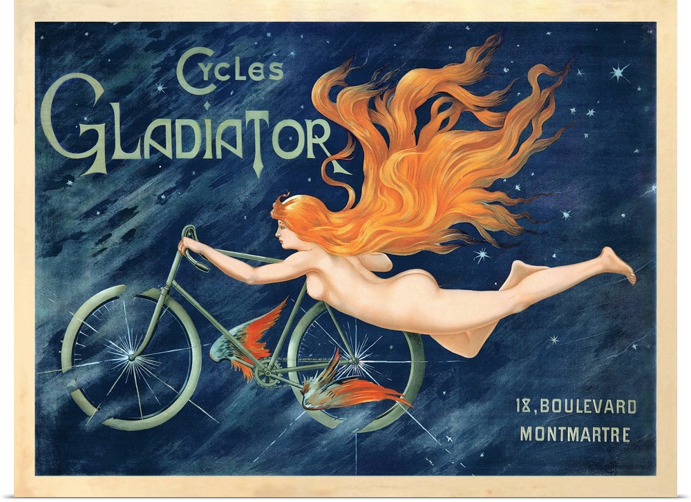 Vintage wall art advertisement for Cycles Gladiator of a nude woman with long flowing hair, holding onto a bicycle.