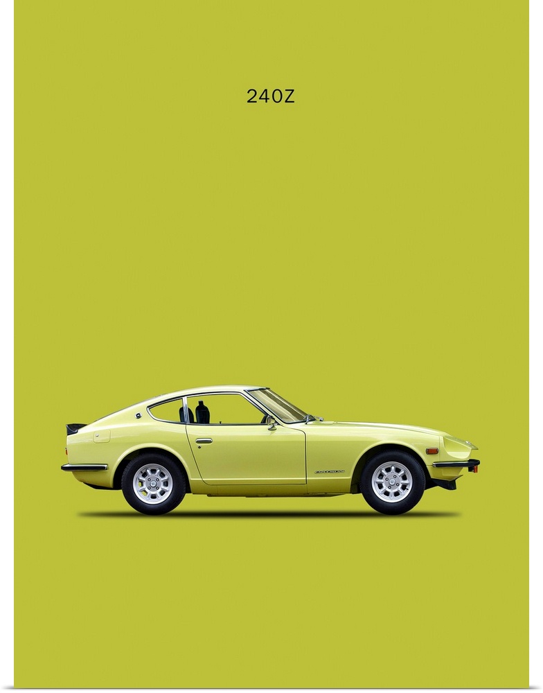 Photograph of a lime green Datsun 240Z 1969 printed on a yellow-green background