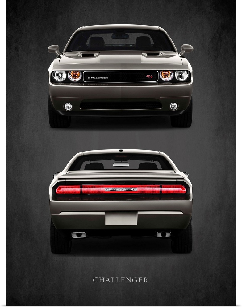 Photograph of a charcoal Dodge Challenger RT printed on a black background with a dark vignette.