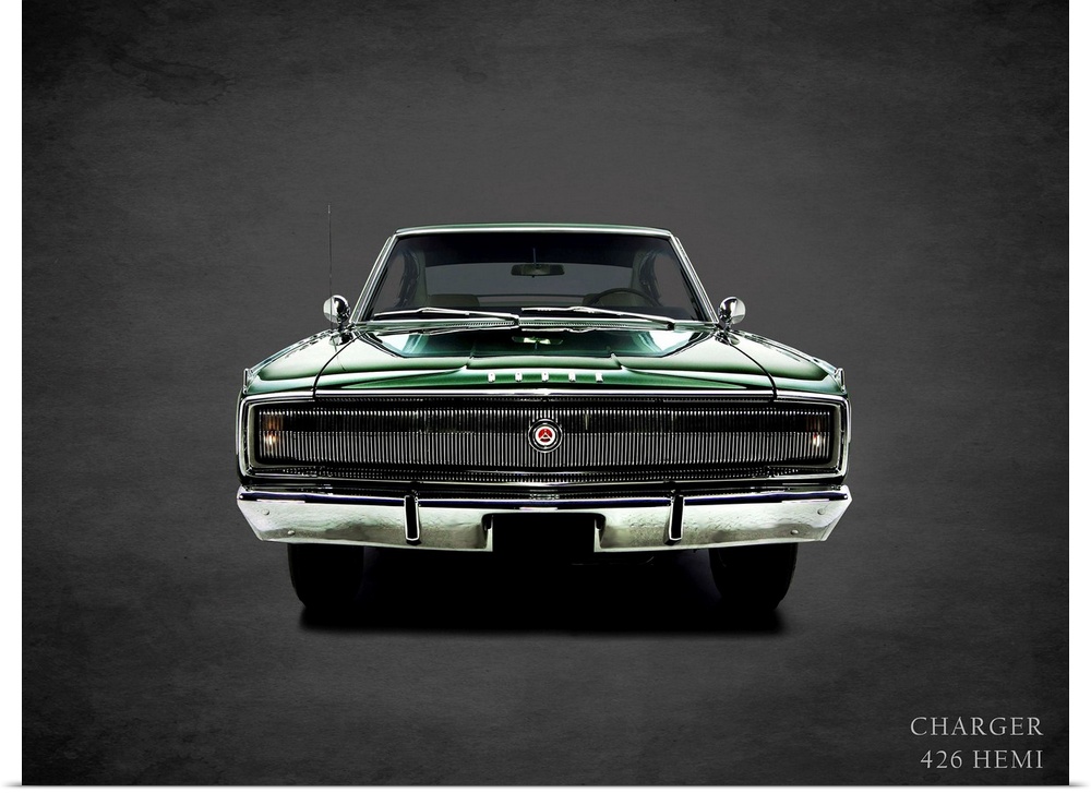 Photograph of a green 1967 Dodge Charger 426Hemi printed on a black background with a dark vignette.