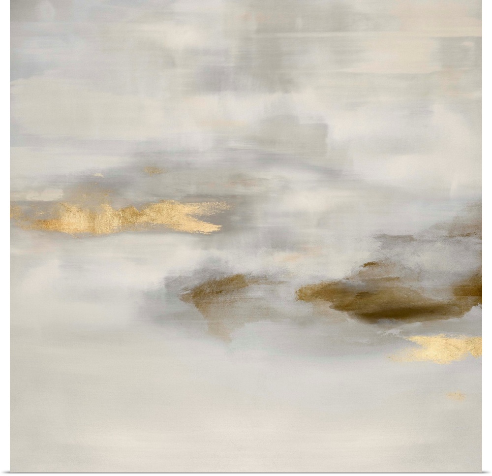 Contemporary abstract artwork in muted brown and white tones with gold colored brush accents.