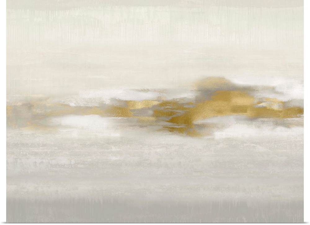 Contemporary abstract artwork in muted gray tones with gold colored brush accents.