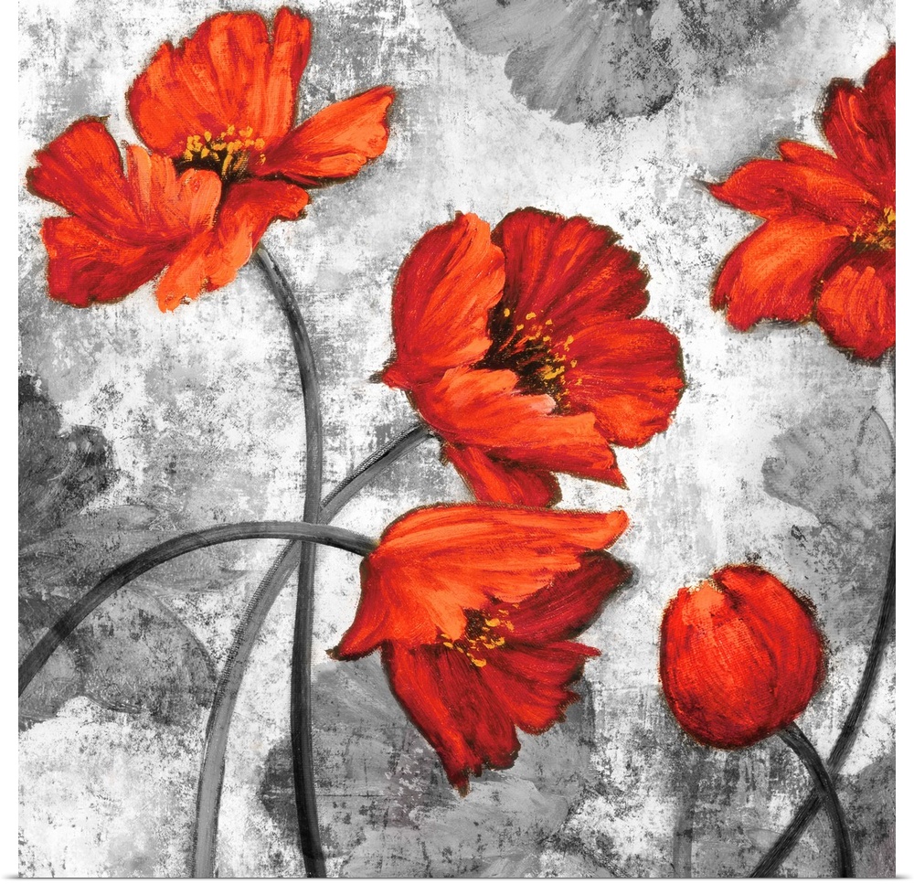 Square decor with five red poppies on a background made with grey tones and a few grey poppies.