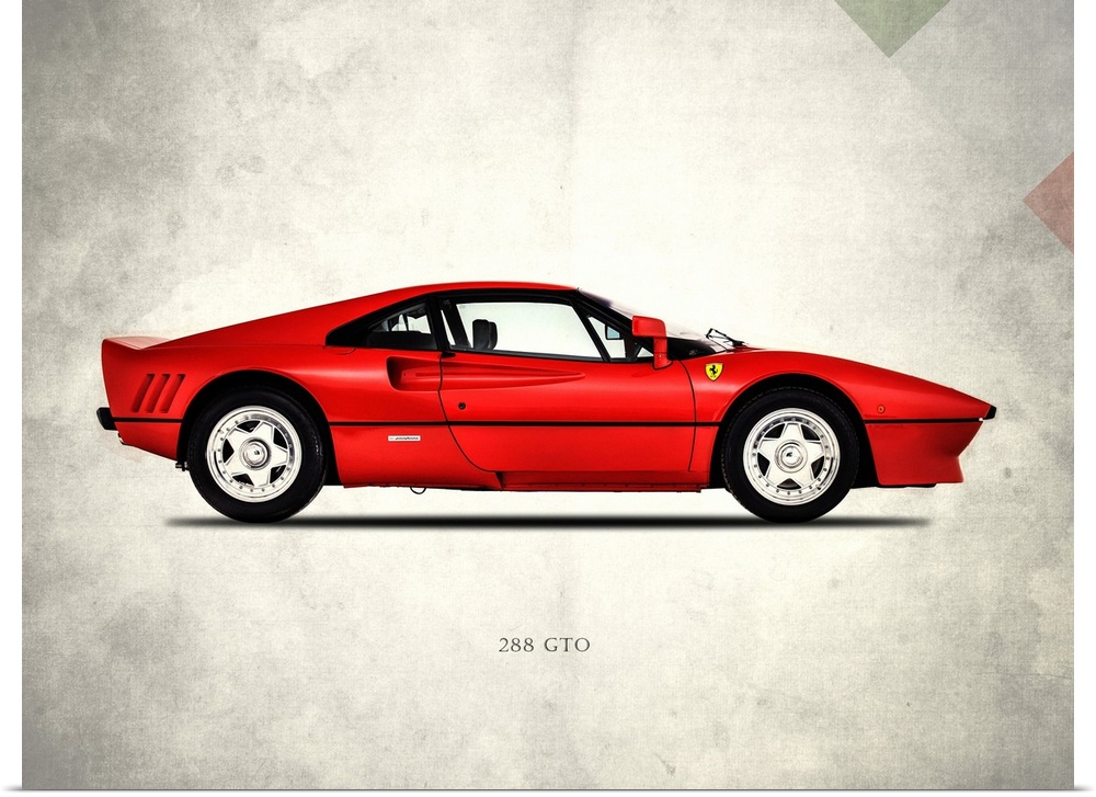 Photograph of a red Ferrari 288 printed on a distressed white and gray background with part of the Italian flag in the top...