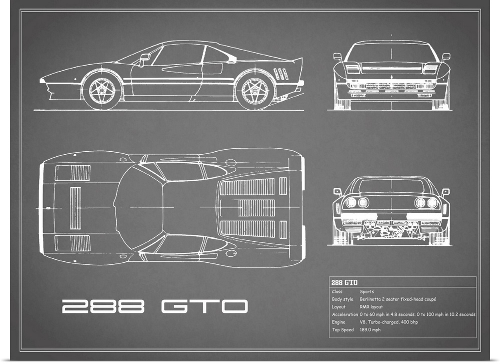 Antique style blueprint diagram of a Ferrari 288 GTO printed on a Grey background.
