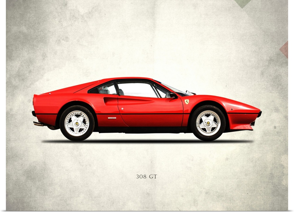 Photograph of a red Ferrari 308GT Berlinetta 1977 printed on a distressed white and gray background with part of the Itali...