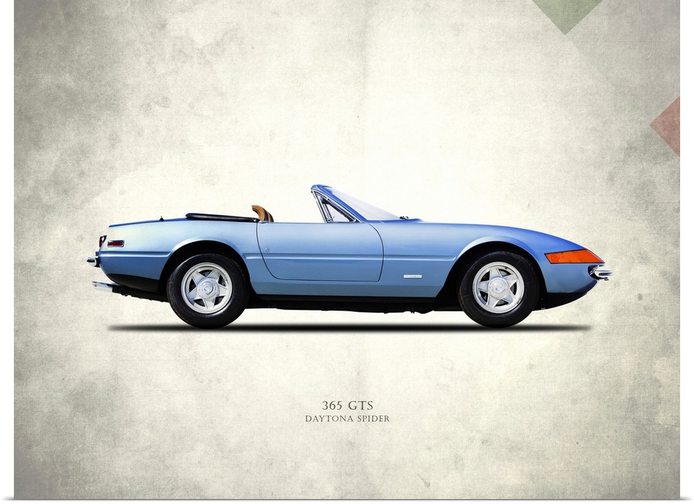 Photograph of a blue Ferrari 365GTS Daytona Spider printed on a distressed white and gray background with part of the Ital...