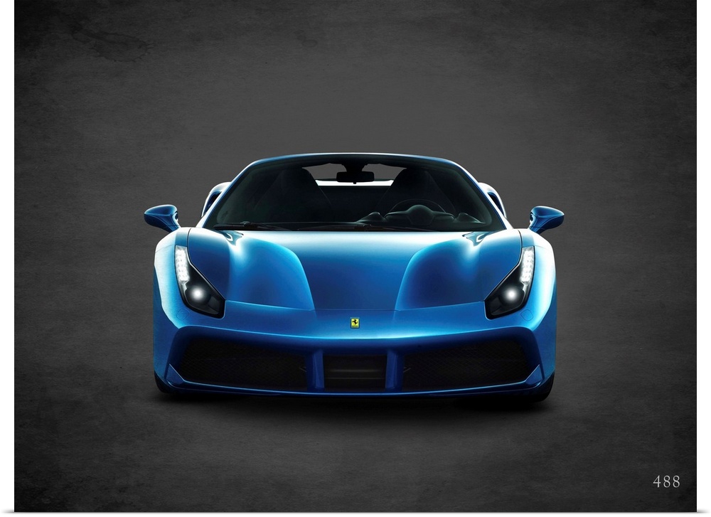 Photograph of a blue Ferrari 488 printed on a black background with a dark vignette.