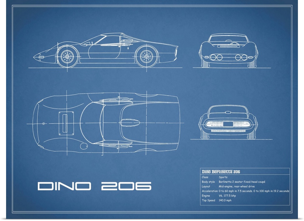 Antique style blueprint diagram of a Ferrari Dino 206 1965 printed on a Blue background.