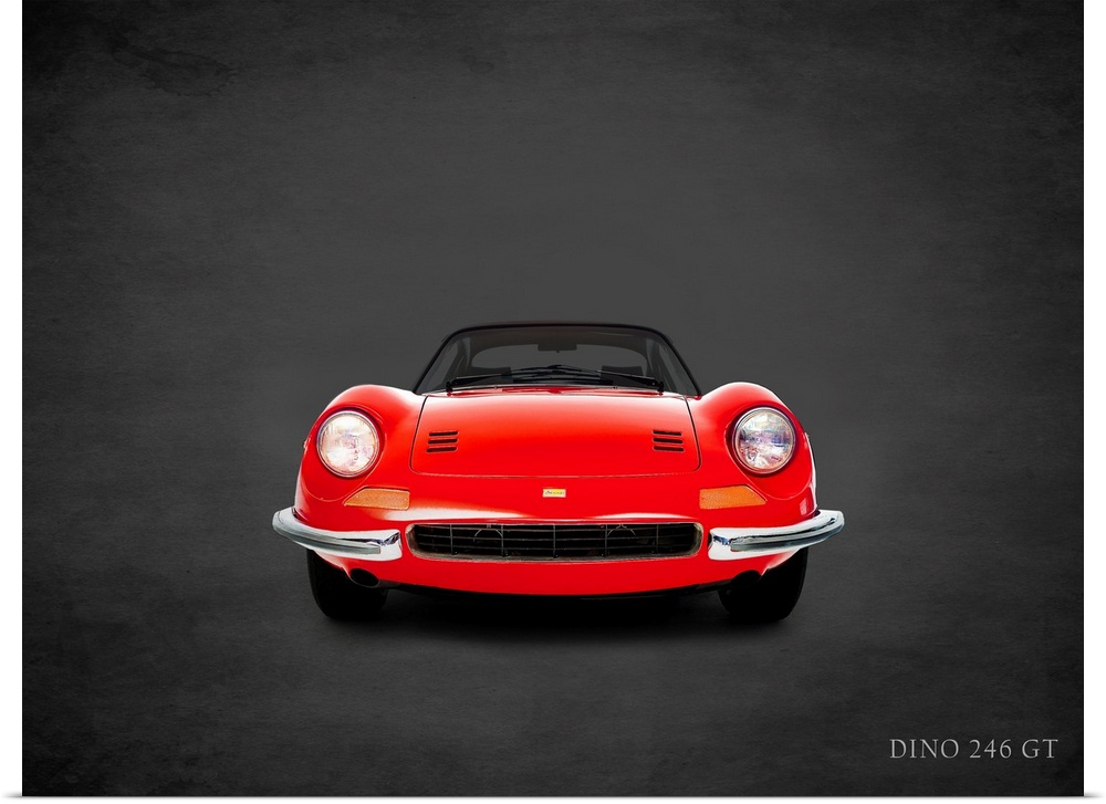 Photograph of a red 1969 Ferrari Dino 246GT printed on a black background with a dark vignette.