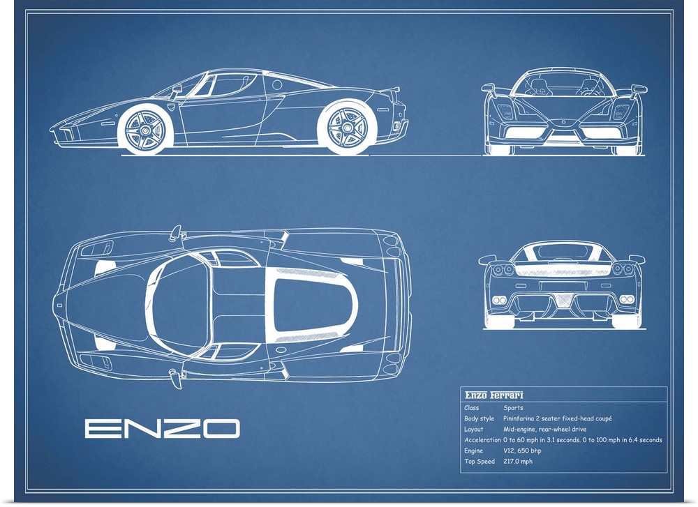 Antique style blueprint diagram of a Ferrari Enzo printed on a Blue background.