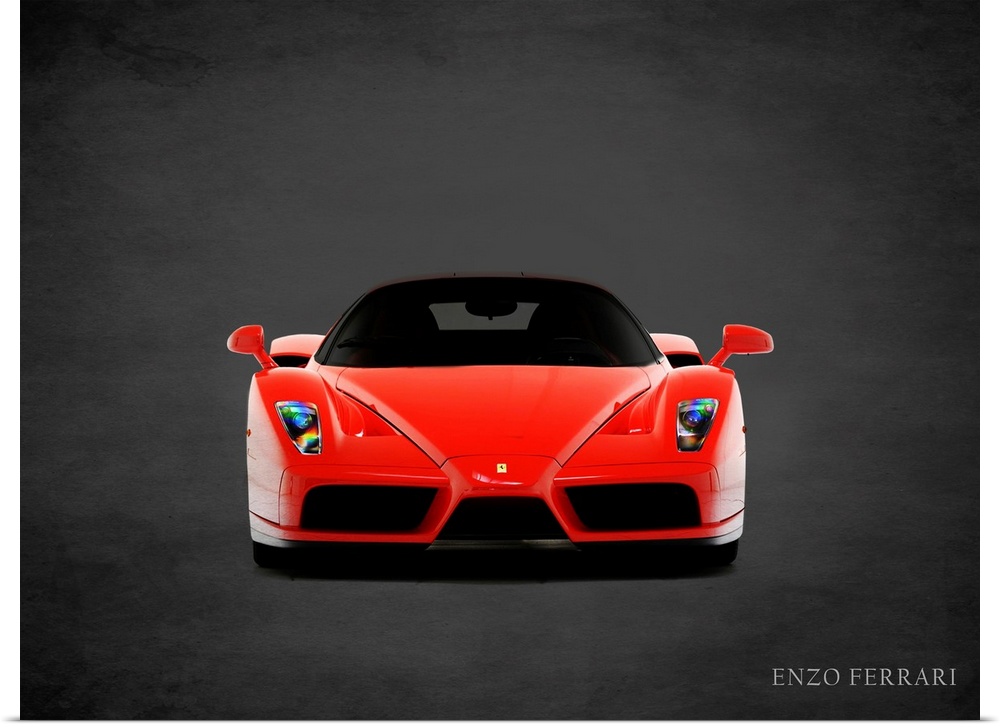 Photograph of a red Ferrari Enzo printed on a black background with a dark vignette.