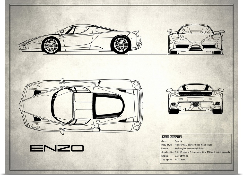 Antique style blueprint diagram of a Ferrari Enzo printed on a weathered white and gray background.