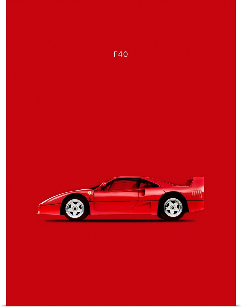 Photograph of a bright red Ferrari F40 printed on a red background