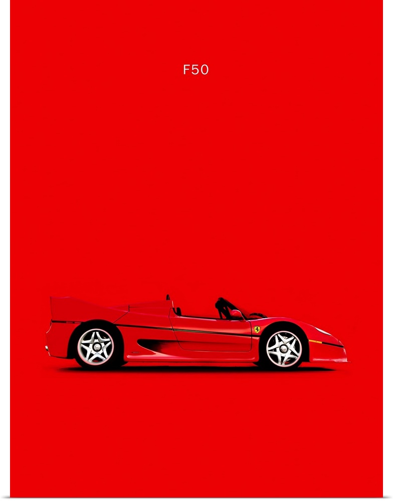 Photograph of a bright red Ferrari F50 printed on a red background