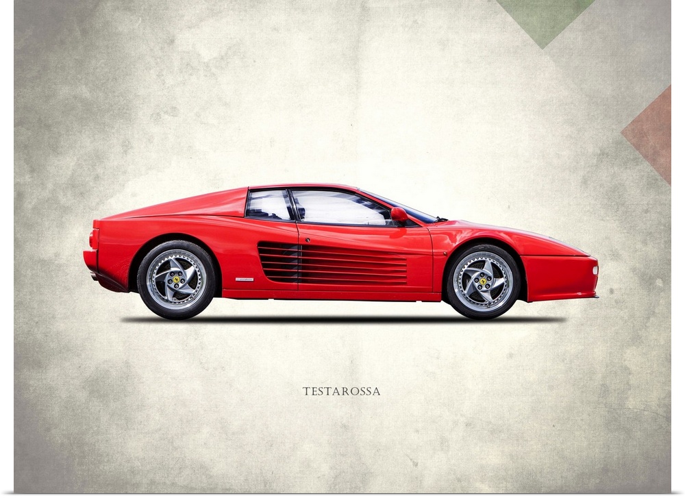 Photograph of a red Ferrari Testarossa 1996 printed on a distressed white and gray background with part of the Italian fla...