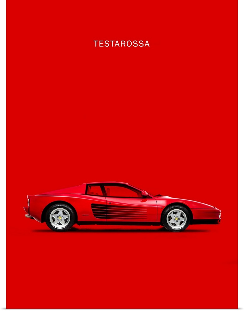Photograph of a bright red Ferrari Testarossa 84 printed on a red background