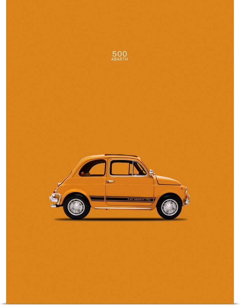 Photograph of an orange Fiat 500 Abarth 1969 printed on an orange background