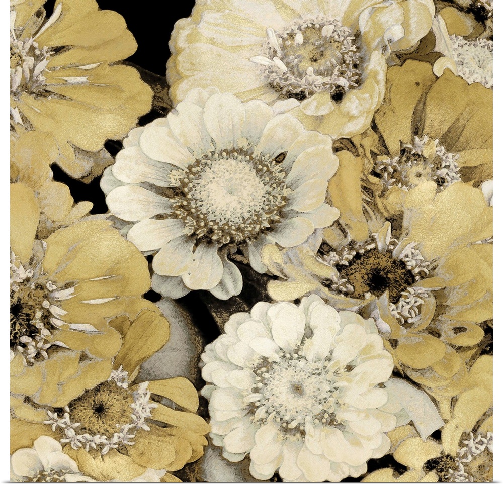 Decorative artwork featuring soft flowers in shades of gold over a black background.