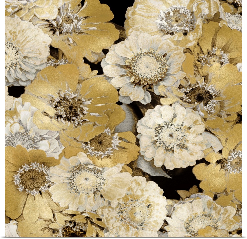 Decorative artwork featuring soft flowers in shades of gold over a black background.