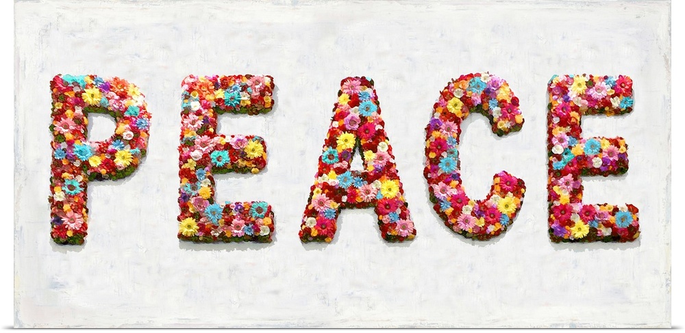 The word peace is shaped by an assortment of colorful flowers.