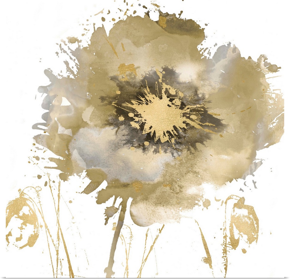 Square decor with a single paint splattered flower in gold, silver, and black hues.