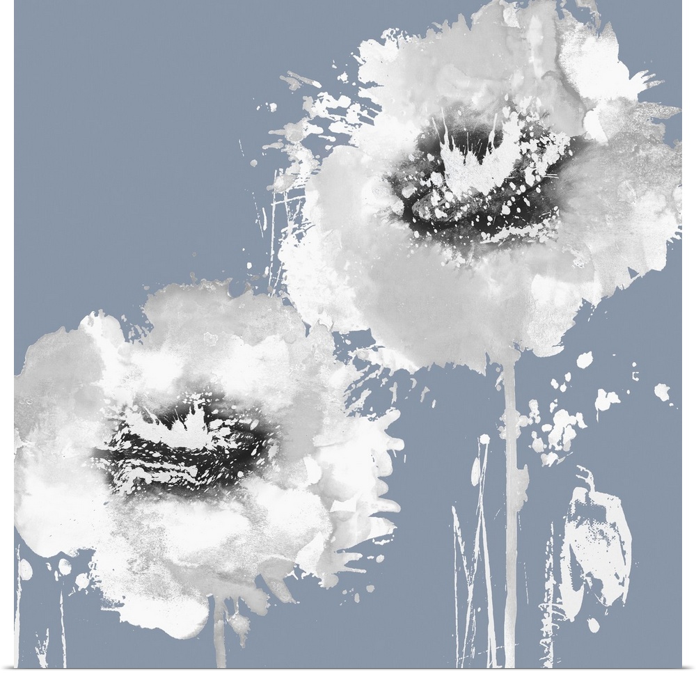 Square decor with two paint splattered flowers in silver, white and black hues on a powder blue background.