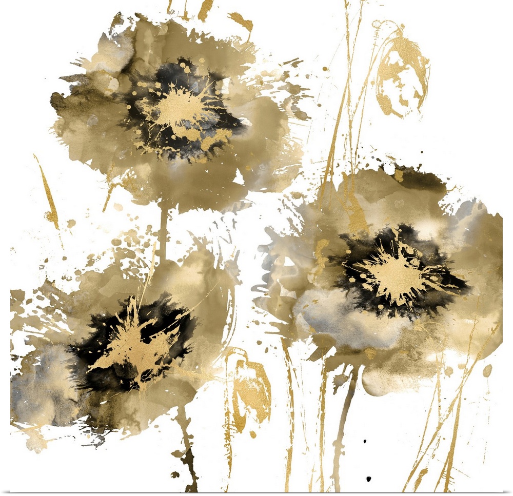 Square decor with three paint splattered flowers in gold, silver, and black hues.