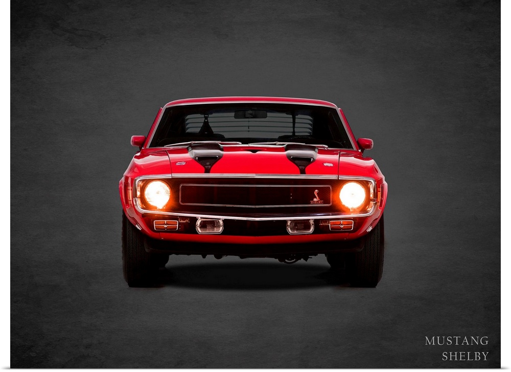 Photograph of a red 1970 Ford Mustang Shelby with black stripes printed on a black background with a dark vignette.
