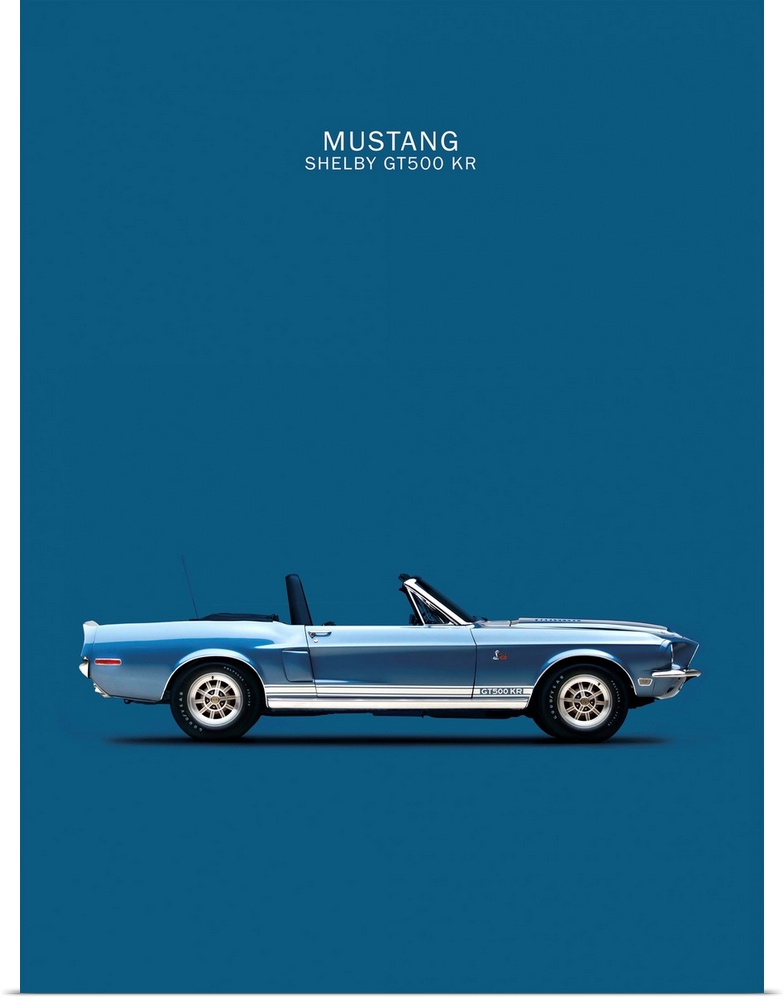 Photograph of a blue and white Ford Mustang Shelby GT500 printed on a blue background