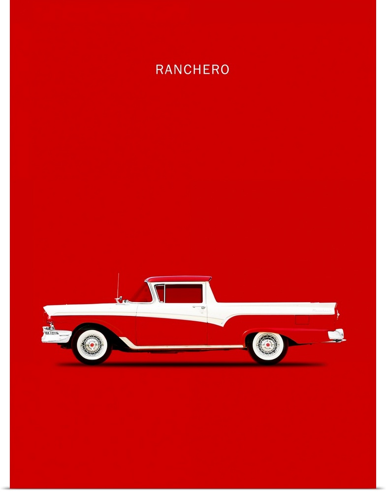 Photograph of a red and white Ford Ranchero 57 printed on a red background