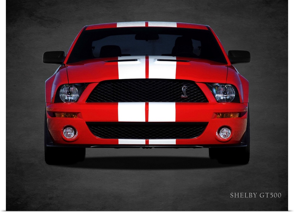 Photograph of a red Ford Shelby GT500 with white stripes printed on a black background with a dark vignette.