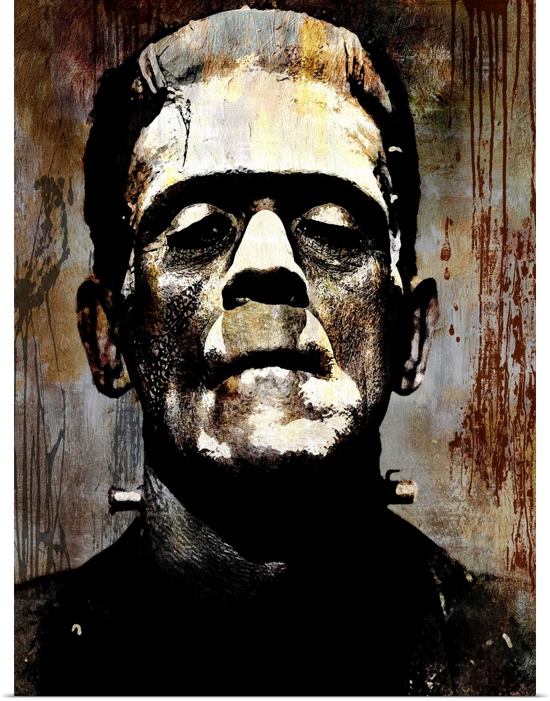 Portrait of Frankenstein in black, gold, gray, and brown hues.