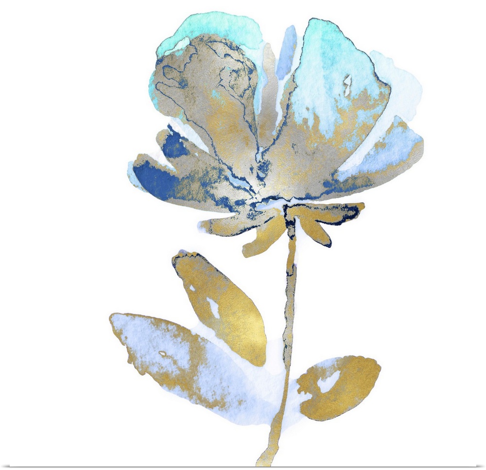 This contemporary artwork features a single golden bloom with aqua petals over a white background.
