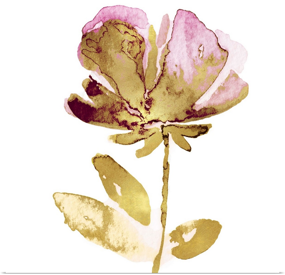 This contemporary artwork features a single golden bloom with pink petals over a white background.