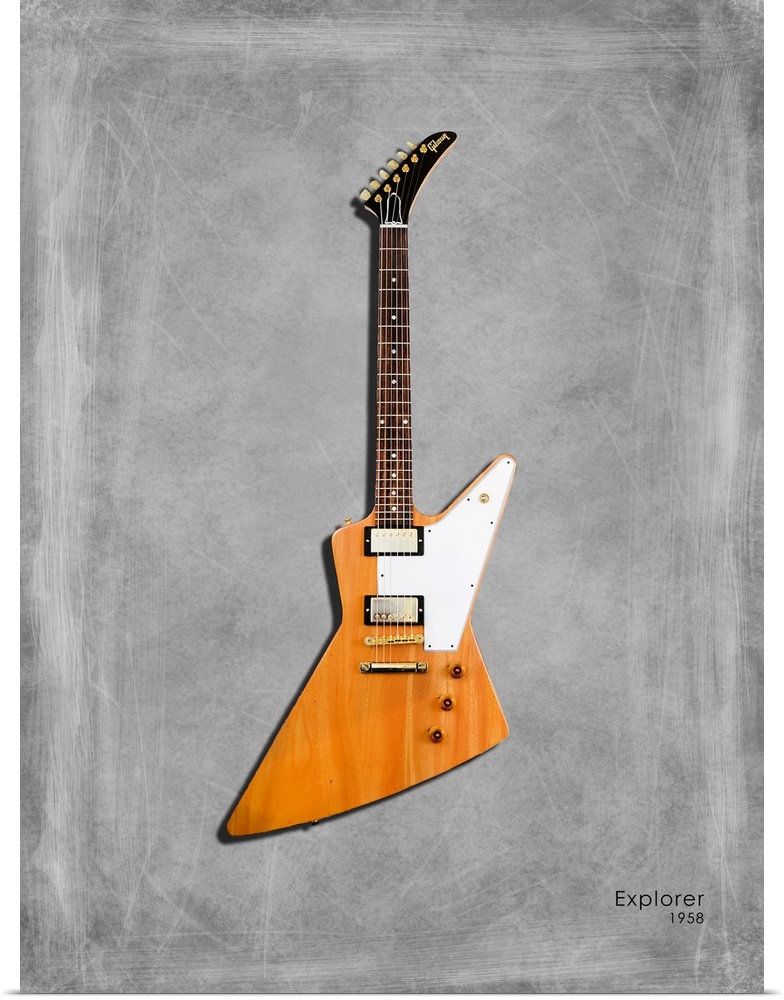 Photograph of a Gibson Explorer 58 printed on a textured background in shades of gray.