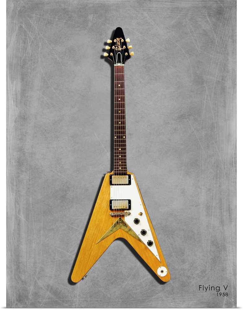 Photograph of a Gibson FlyingV 58 printed on a textured background in shades of gray.