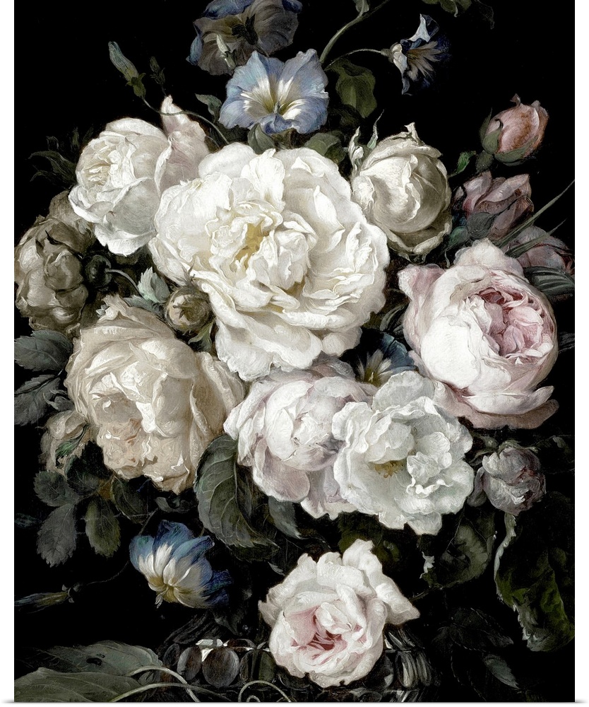Desaturated artwork showing a romantic bouquet of flowers in a vase  over a dark background.