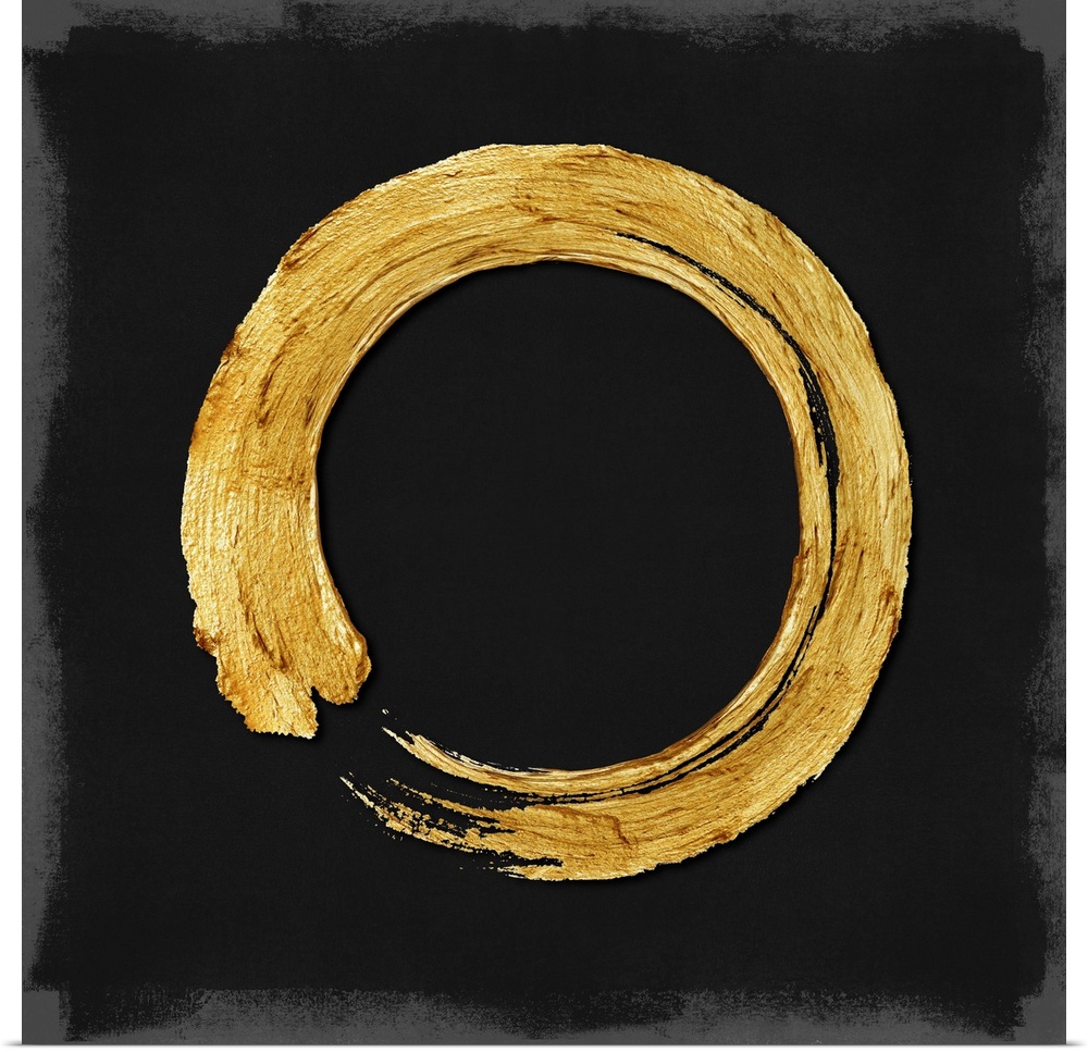 This Zen artwork features a sweeping circular brush stroke in gold over a black background with mottled gray edging.