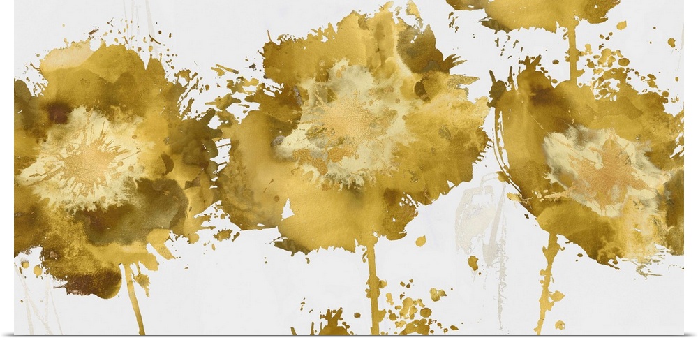 Abstract illustrations of metallic gold flowers on a white background.