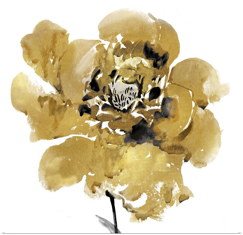 This contemporary artwork features a single golden bloom with black inner petals over a white background.