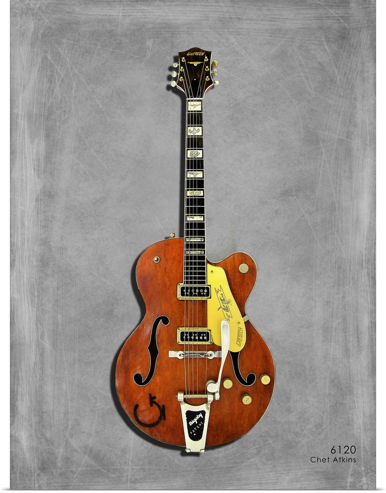 Photograph of a Gretsch 6120 ChetAtkins 56 printed on a textured background in shades of gray.