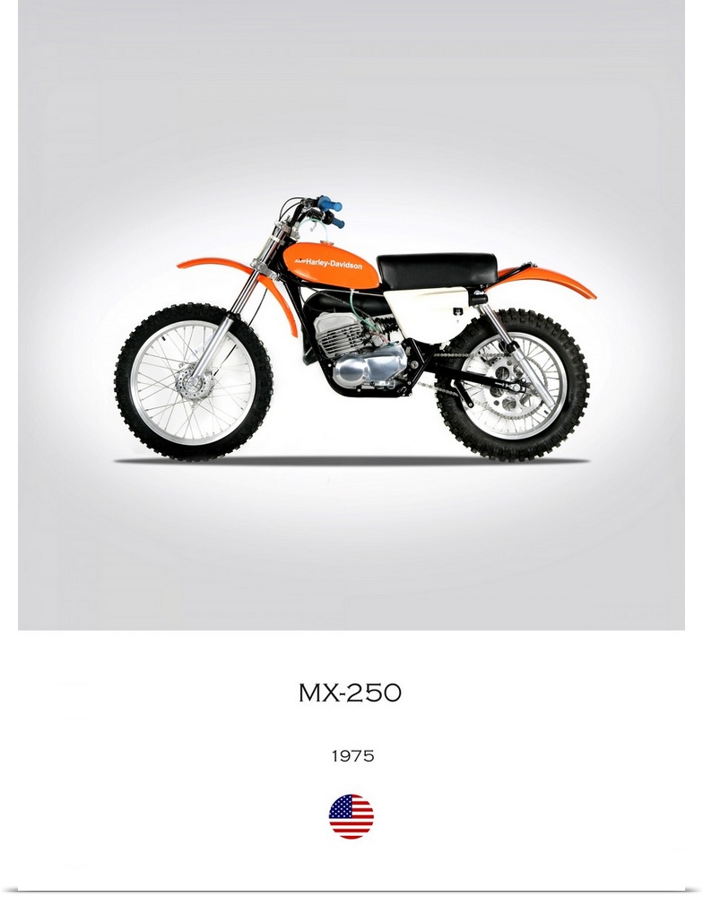 Photograph of a Harley Davidson MX 250 1975 printed on a white and gray background.